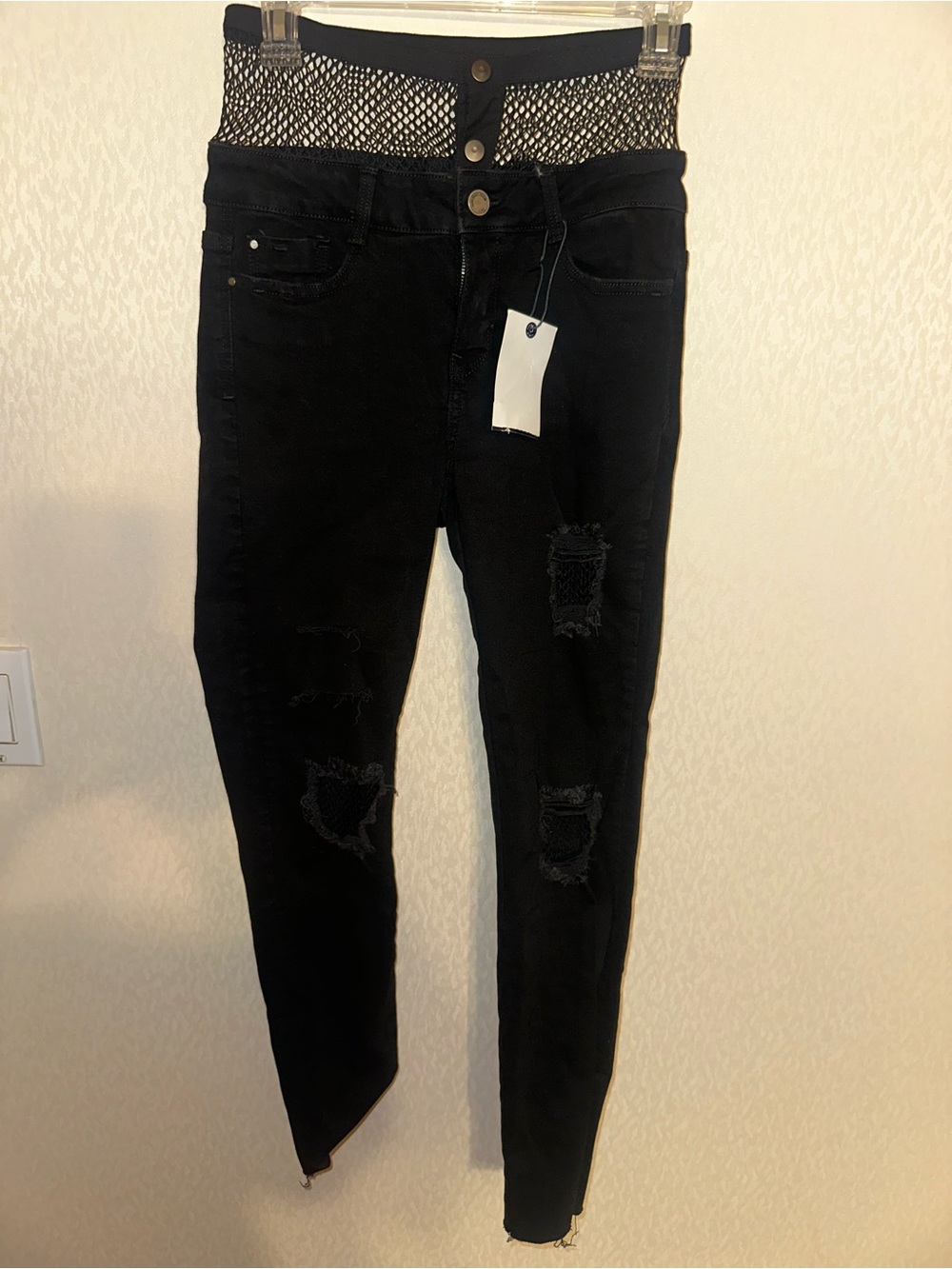 Zara Black Distressed Skinny Jeans with Mesh Waistband